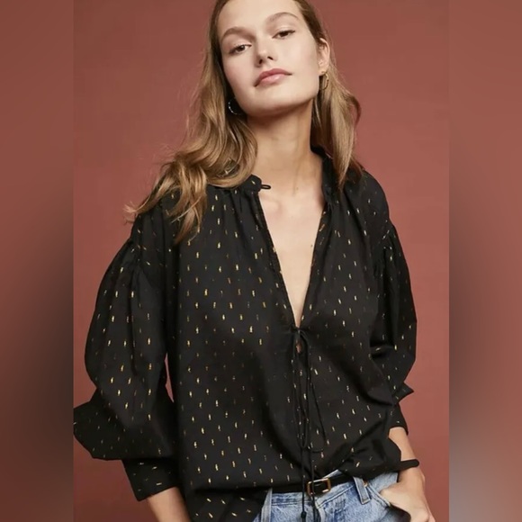 Free People Tops - Kinga Csilla Gold Dot Blouse embroidered balloon sleeve keyhole neck button tie